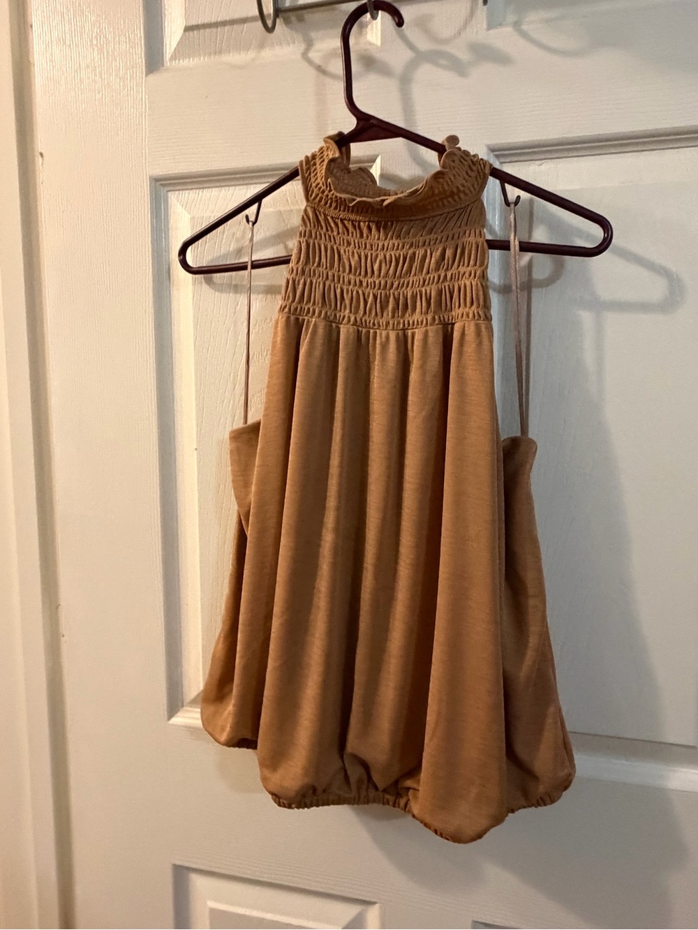 Express Camel Smocked Halter Bubble Hem Tank
